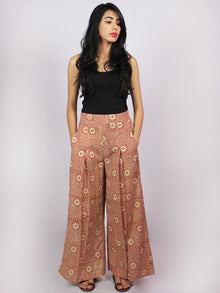 Maroon Beige Hand Block Printed Semi Elasticated Waist Pleated Cotton Palazzo - P1117086