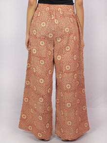 Maroon Beige Hand Block Printed Semi Elasticated Waist Pleated Cotton Palazzo - P1117086