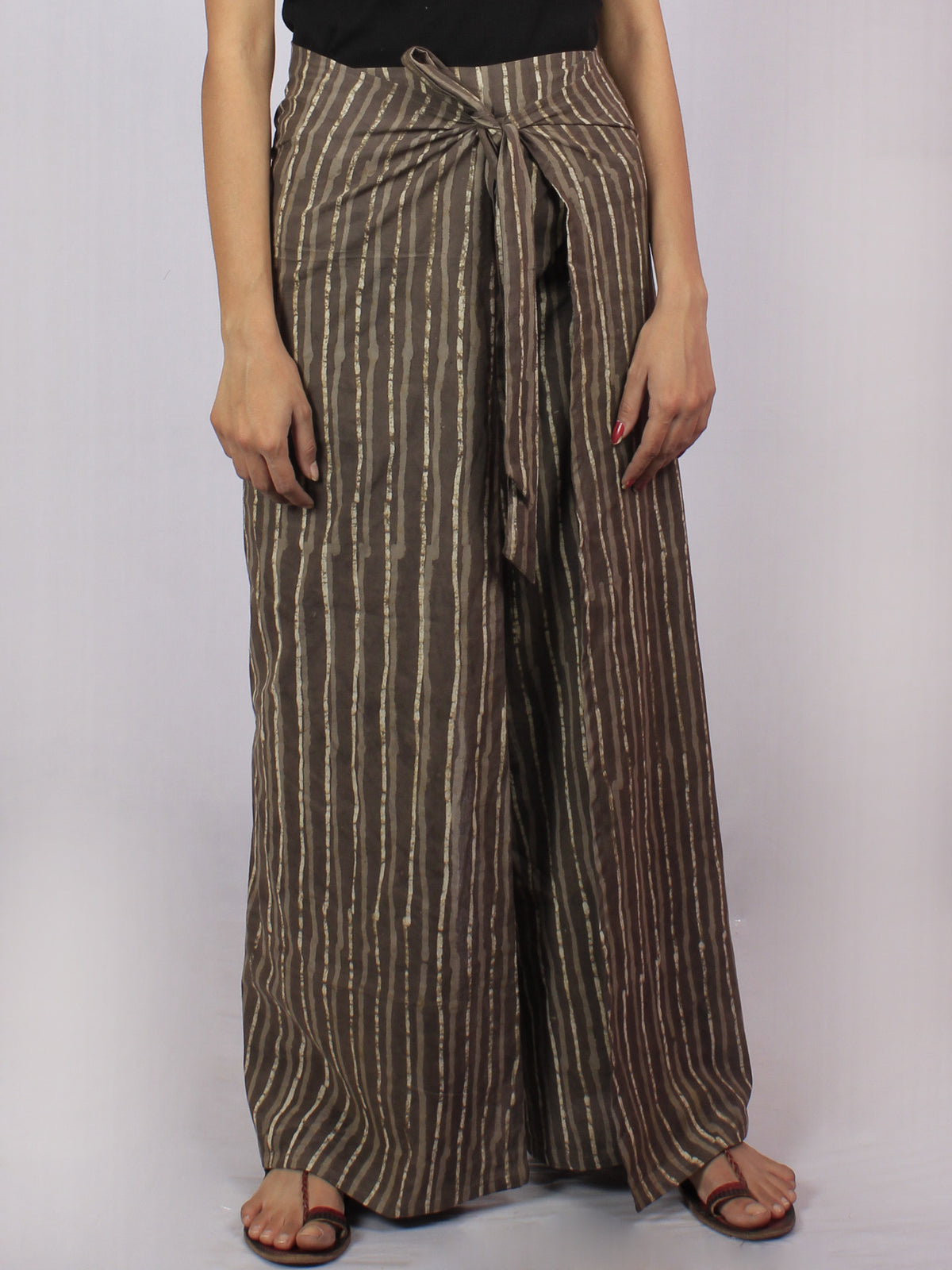 Brown Beige Hand Block Printed Free Size Tie Up Wrap Around Trousers - T0317045