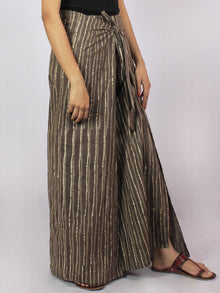 Brown Beige Hand Block Printed Free Size Tie Up Wrap Around Trousers - T0317045