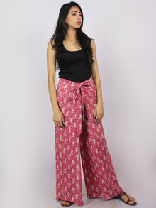 Pink Ivory Hand Block Dabu Printed Free Size Tie Up Wrap Around Trousers - T0317044