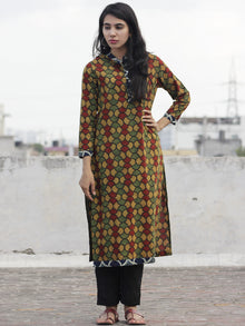 Olive Rust Green Indigo Ajrakh Block Printed Kurta With Stand Collar And Side Slits  - K17F633