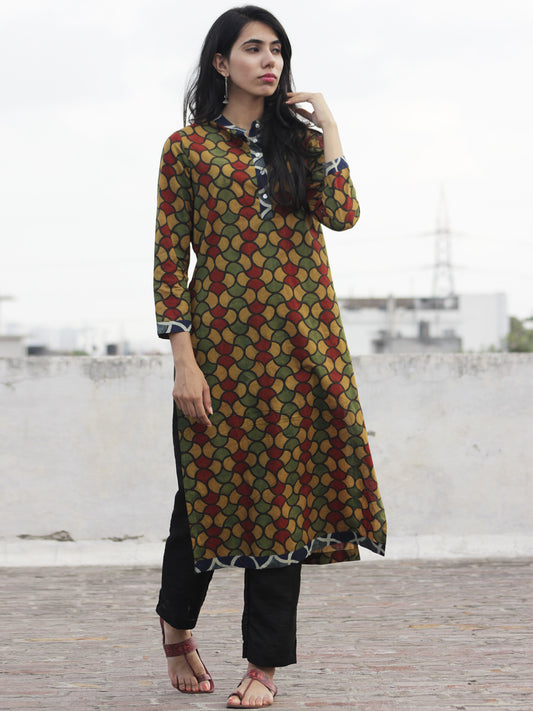Olive Rust Green Indigo Ajrakh Block Printed Kurta With Stand Collar And Side Slits  - K17F633