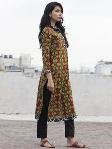 Olive Rust Green Indigo Ajrakh Block Printed Kurta With Stand Collar And Side Slits  - K17F633