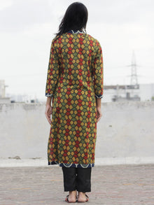 Olive Rust Green Indigo Ajrakh Block Printed Kurta With Stand Collar And Side Slits  - K17F633
