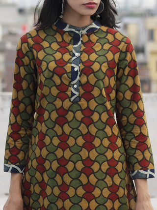 Olive Rust Green Indigo Ajrakh Block Printed Kurta With Stand Collar And Side Slits  - K17F633