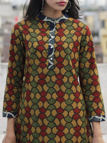 Olive Rust Green Indigo Ajrakh Block Printed Kurta With Stand Collar And Side Slits  - K17F633