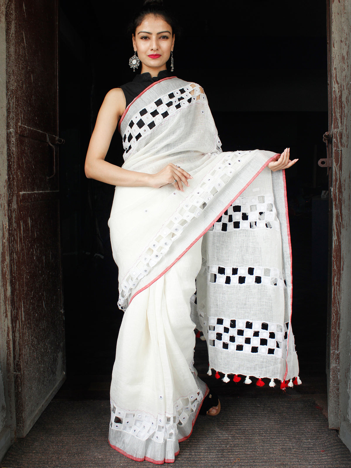 White Coral Handwoven Linen Saree With Cut & Mirror Work in Pallu - S031703581