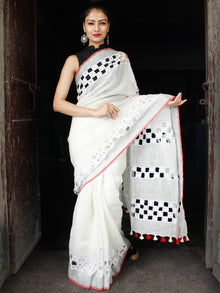 White Coral Handwoven Linen Saree With Cut & Mirror Work in Pallu - S031703581