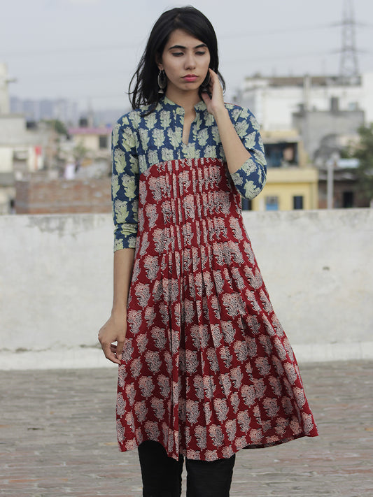 Indigo Red Ivory Black Ajrakh Block Printed Kurta With Pin Tucks  - K25F642