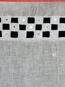 White Coral Handwoven Linen Saree With Cut & Mirror Work in Pallu - S031703581