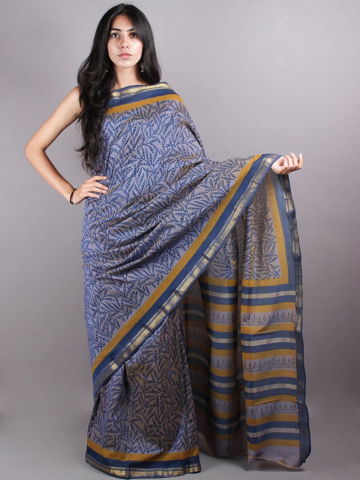 Blue Grey Mono Chanderi  Hand Block Printed Saree with Zari Border - S0317221
