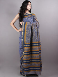 Blue Grey Mono Chanderi  Hand Block Printed Saree with Zari Border - S0317221