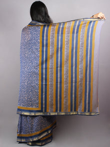 Blue Grey Mono Chanderi  Hand Block Printed Saree with Zari Border - S0317221