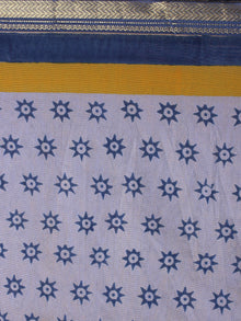 Blue Grey Mono Chanderi  Hand Block Printed Saree with Zari Border - S0317221
