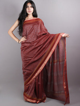 Brown Red Chanderi  Hand Block Printed Saree With Zari Border - S0317222