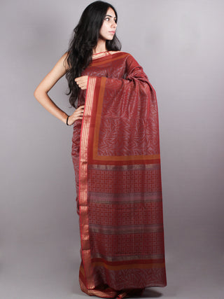 Brown Red Chanderi  Hand Block Printed Saree With Zari Border - S0317222