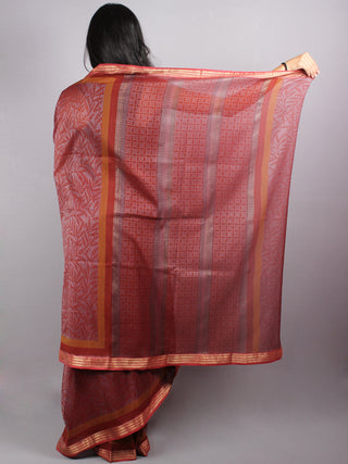 Brown Red Chanderi  Hand Block Printed Saree With Zari Border - S0317222