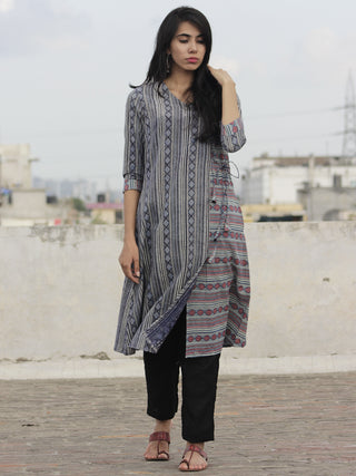 Indigo Red Pink Ivory Ajrakh Block Printed Angrakha Kurta  - K26F847