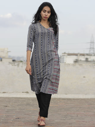 Indigo Red Pink Ivory Ajrakh Block Printed Angrakha Kurta  - K26F847