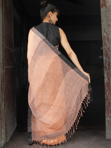 Peach Grey Handwoven Linen Saree With Sequence Work - S031703582