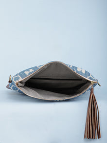 Sky Blue OffWhite Ikat & Vegan Leather Fold Over Sling Bag - B1301