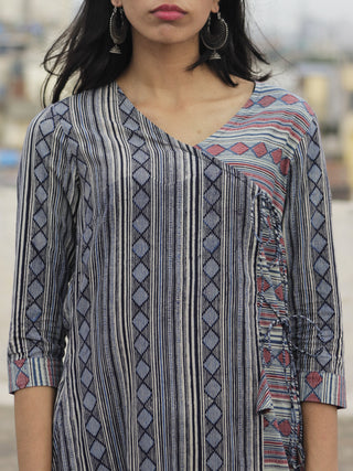 Indigo Red Pink Ivory Ajrakh Block Printed Angrakha Kurta  - K26F847