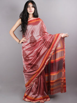 Brown Red Mono Chanderi Hand Block Printed Saree with Zari Border - S0317223