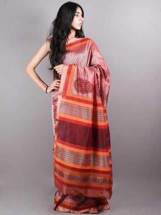 Brown Red Mono Chanderi Hand Block Printed Saree with Zari Border - S0317223