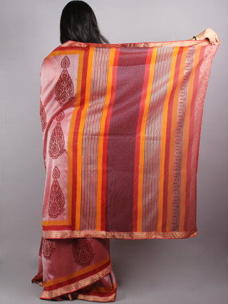Brown Red Mono Chanderi Hand Block Printed Saree with Zari Border - S0317223