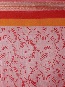 Brown Red Mono Chanderi Hand Block Printed Saree with Zari Border - S0317223