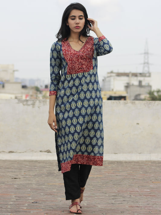 Indigo Red Ivory Ajrakh Block Printed Angrakha Kurta  - K27F646