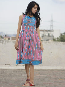 Pink Blue Ivory Handwoven Ikat  Sleeveless Dress With Side Pockets-  D68F926