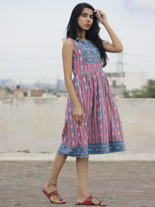 Pink Blue Ivory Handwoven Ikat  Sleeveless Dress With Side Pockets-  D68F926