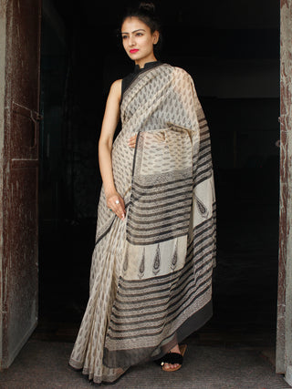 Beige Black Hand Block Printed Kota Doria Saree in Natural Colors - S031703551