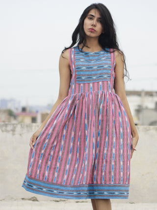 Pink Blue Ivory Handwoven Ikat  Sleeveless Dress With Side Pockets-  D68F926