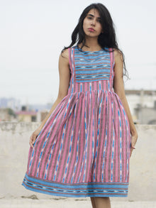 Pink Blue Ivory Handwoven Ikat  Sleeveless Dress With Side Pockets-  D68F926