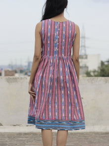 Pink Blue Ivory Handwoven Ikat  Sleeveless Dress With Side Pockets-  D68F926