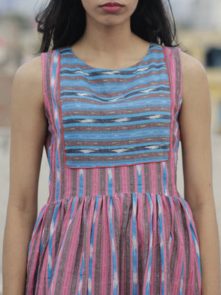 Pink Blue Ivory Handwoven Ikat  Sleeveless Dress With Side Pockets-  D68F926