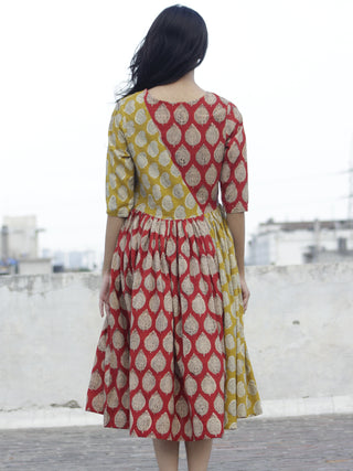 Red Mustard Black Ivory Hand Block Printed Cotton  Midi Dress - D100F890