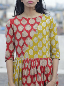 Red Mustard Black Ivory Hand Block Printed Cotton  Midi Dress - D100F890