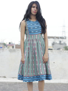 Green Blue Ivory Handwoven Ikat  Sleeveless Dress With Side Pockets-  D68F924