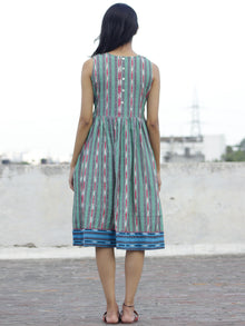 Green Blue Ivory Handwoven Ikat  Sleeveless Dress With Side Pockets-  D68F924