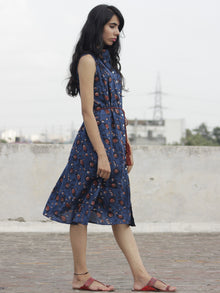 Indigo Brown Ivory Hand Block Printed Cotton Sleeveless Dress With Front Slit And Tie Up Waist - D89F883