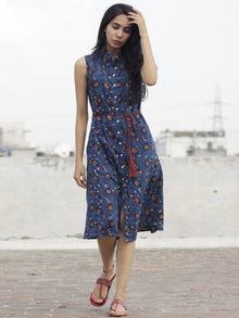 Indigo Brown Ivory Hand Block Printed Cotton Sleeveless Dress With Front Slit And Tie Up Waist - D89F883