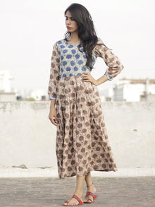 Ivory Kashish Indigo Long Hand Block Printed Cotton Dress With Knife Pleats & Side Pockets - D90F959