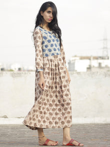 Ivory Kashish Indigo Long Hand Block Printed Cotton Dress With Knife Pleats & Side Pockets - D90F959