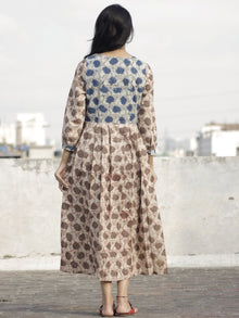 Ivory Kashish Indigo Long Hand Block Printed Cotton Dress With Knife Pleats & Side Pockets - D90F959