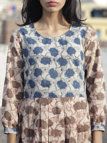 Ivory Kashish Indigo Long Hand Block Printed Cotton Dress With Knife Pleats & Side Pockets - D90F959