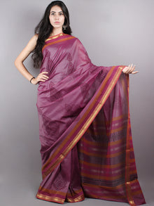 Magenta Black Mono Chanderi  Hand Block Printed Saree with Zari Border - S0317196